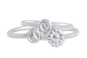 Authentic Daisy Flower, Peace Sign & Love Heart Set Of 3 Ring 10K Solid Gold