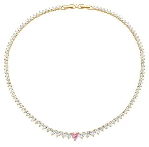 Authentic Women’s Tennis Necklace Love Hearts 925 Silver, 18kt Gold Plated Pink Heart