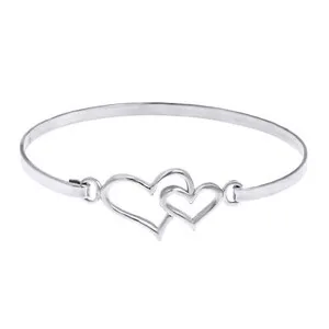Authentic Double Heart One Love 14K White Gold Plated Sterling Silver Bangle Bracelet
