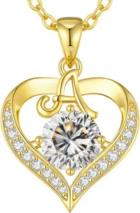 Authentic Valentines Day 18K Gold Plated Initial Love Heart 2 Carat Moissanite Neckla