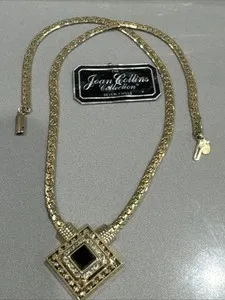 Authentic VTG Joan Collins Couture Gold Plated Faux Onyx CZ Statement Necklace Org. Metal
