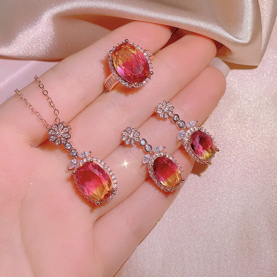 Authentic 2021 Newest Burnt Ruby Ring Pendant Necklace Earrings Pigeon Blood Red Lively Three Pcs Set For Women Party Wedding Jewelry