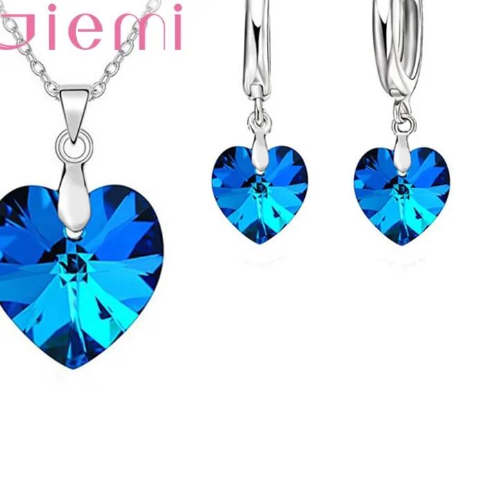 Authentic Austrian Crystal 925 Jewelry Heart Pendant Necklaces Lever Back Earrings Accessories