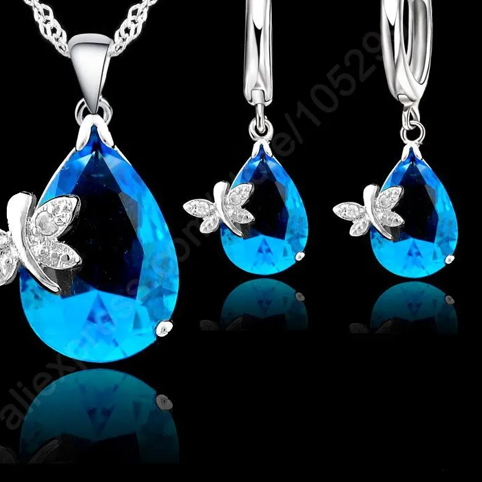 Authentic Jewelry Sets Creative 925 Sterling Silver Austrian Crystal Butterfly Drop CZ Pendant Necklace Lever Back Hoop Earrings