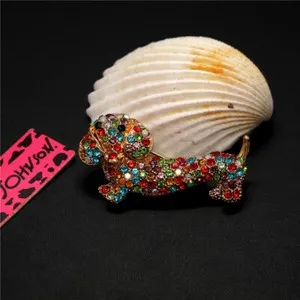 Authentic Women Gold Plated Colorful Dachshund Dog Rhinestone Girl Brooch Pin