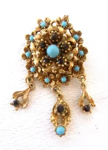 Authentic Vtg Multi-level Brooch w/Charm Dangles Gold-Plated Faux Turquoise Faux Rubies