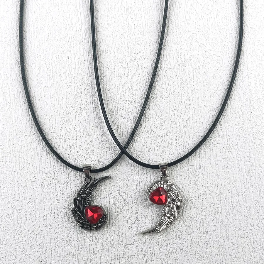 Authentic Couple Splicing Two Tone Clavicle Chain, Love Angel Devil Feather Wings Heart Shaped Pendant Necklace Valentine's Day Accessory