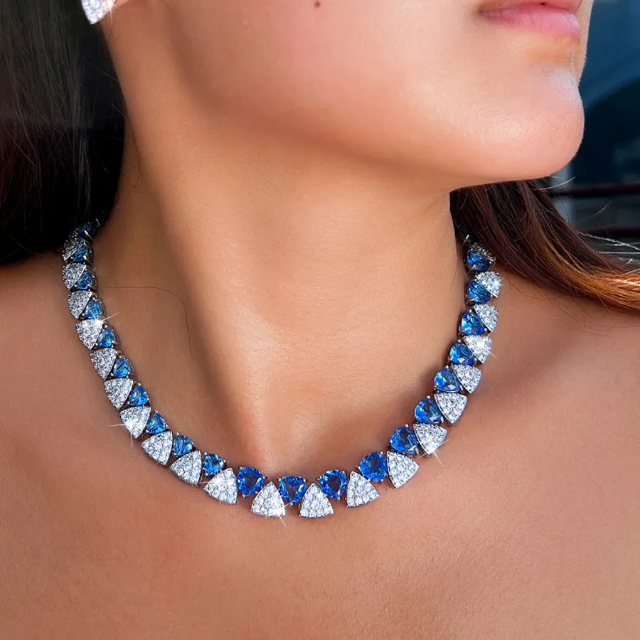 Authentic ThreeGraces Luxury Unique Shiny Synthetic Tanzanite and Zirconia Triangle Shape Bridal Wedding Party Jewelry Set for Women T1081