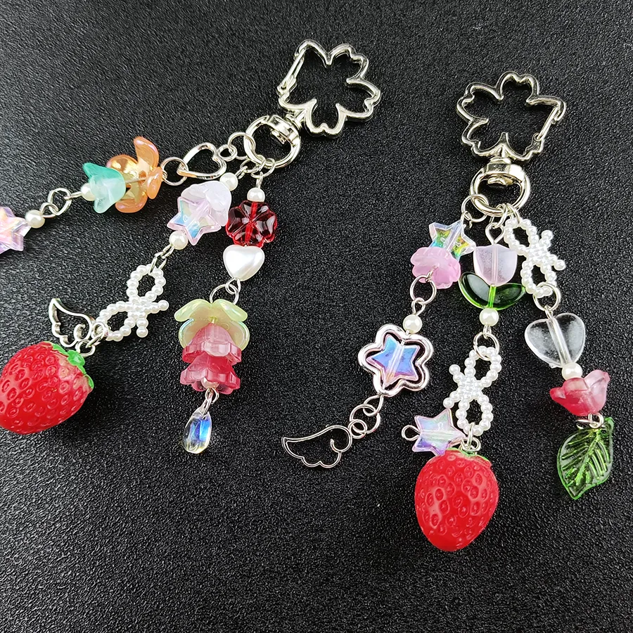 Authentic Cute Strawberry Bow Keychain Coquettish Fairytale Lily Of The Valley Keychain Y2K Original Design Key Pendant