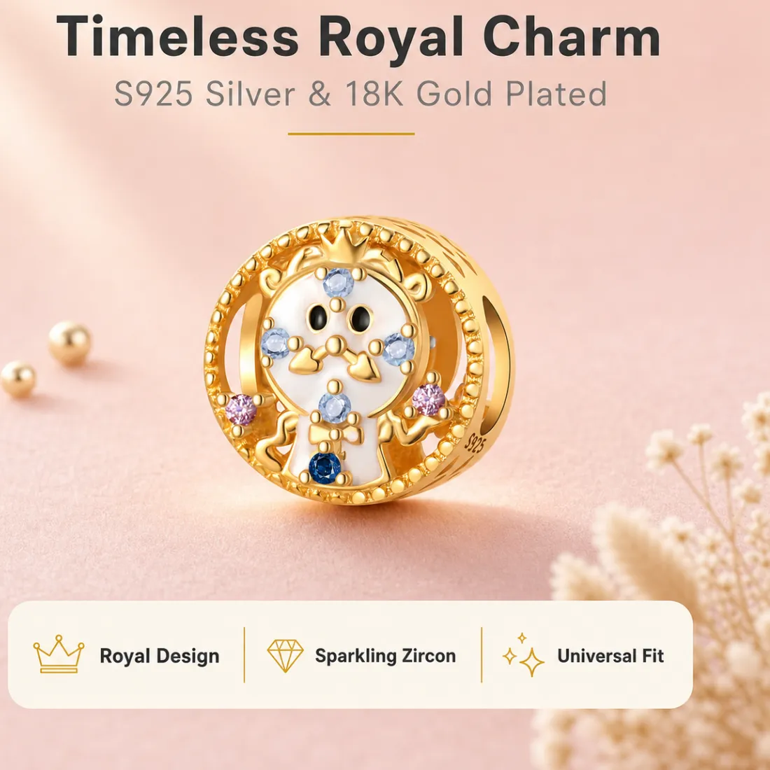 Authentic S925 Sterling Silver Charm Fairy Tales Clock King Queen Bead Pendant Plated with 18K Gold For Bracelet DIY Jewelry Making