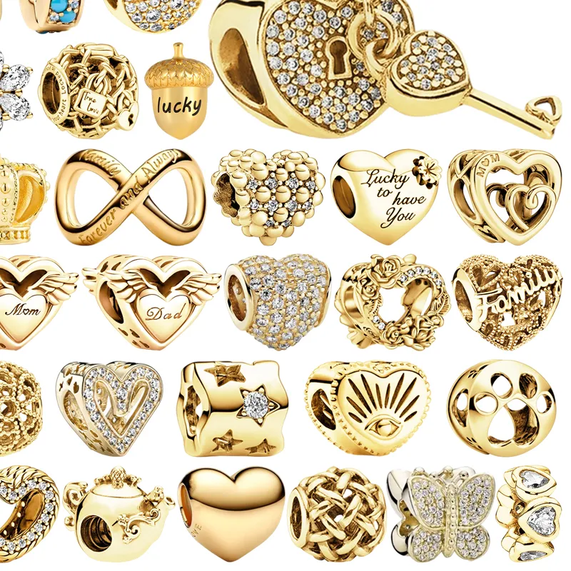 Authentic Sparkling Golden Family Heart Forever & Always Infinity Open Heart & Rose Flowers Beads Fit Original Bracelets Diy Jewelry