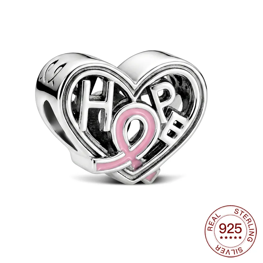 Authentic 925 Sterling Silver Pink Ribbon Pendant Heart Beads Charms Jewelry Making For Classic Bracelet Ladies DIY Hope Gifts