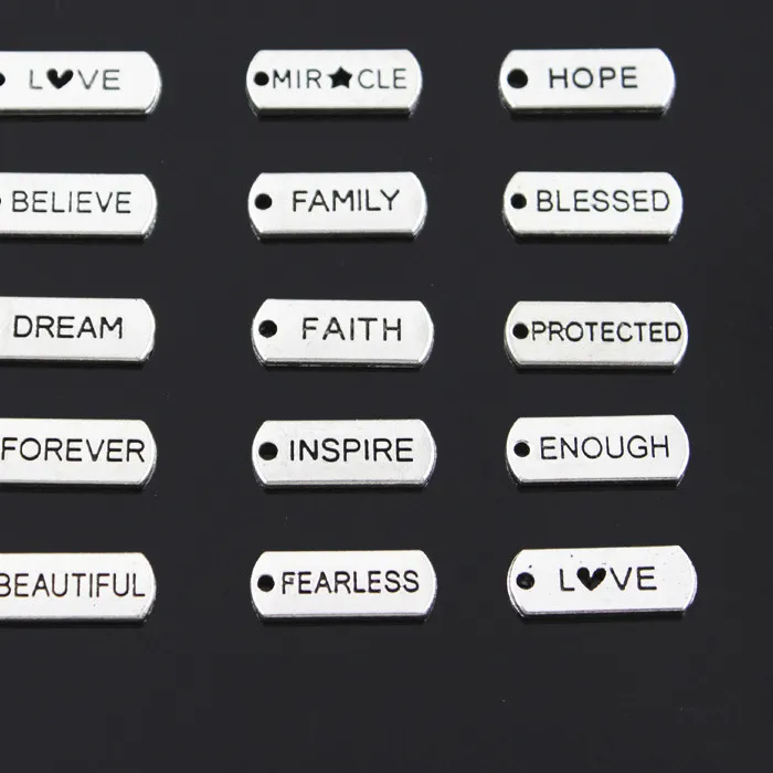 Authentic 20pcs Charms Love Dream Forever Family Faith Hope Brave Blessed Believe Fearless 21x8mm Tibetan Pendants DIY Antique Jewelry
