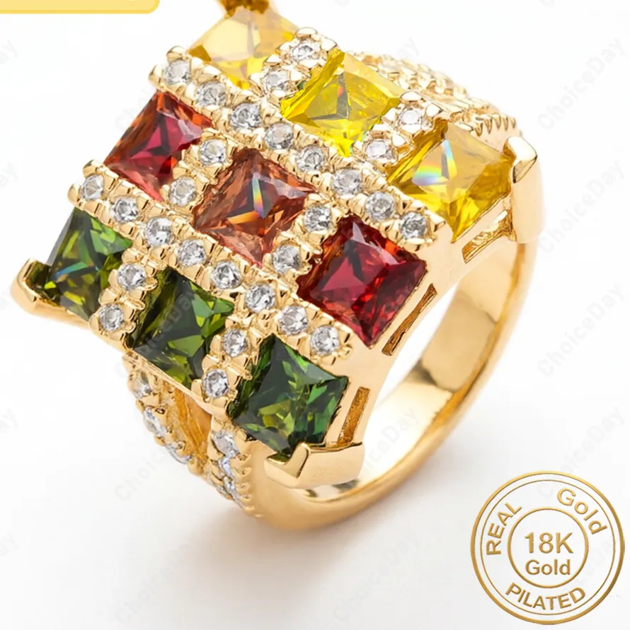 Authentic 18K Gold Plated 8 Size Luxurious Nine Palace Colored Zirconia Ring Women's Jewelry Wedding Party