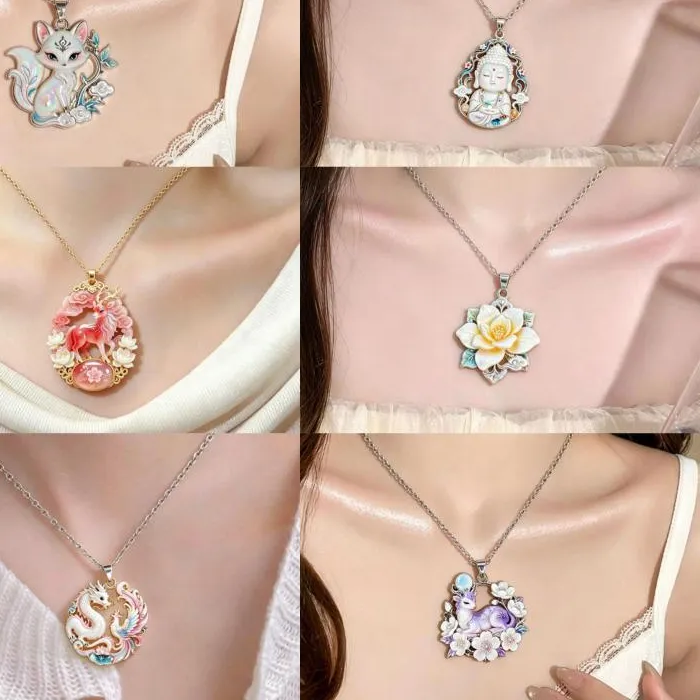 Authentic NewChinese Mythology Nine Tailed Fox Enamel Pendant Necklace For Women Silver Tone Chain Trendy Exquisite Jewelry Gifts