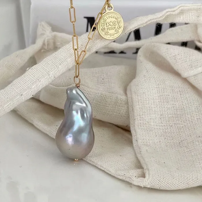Authentic S925 Natural Gray Purple Big Baroque Pearl Coin Pendant Necklace Women Jewelry Punk Designer Runway Rare Gown Boho Japan Korean