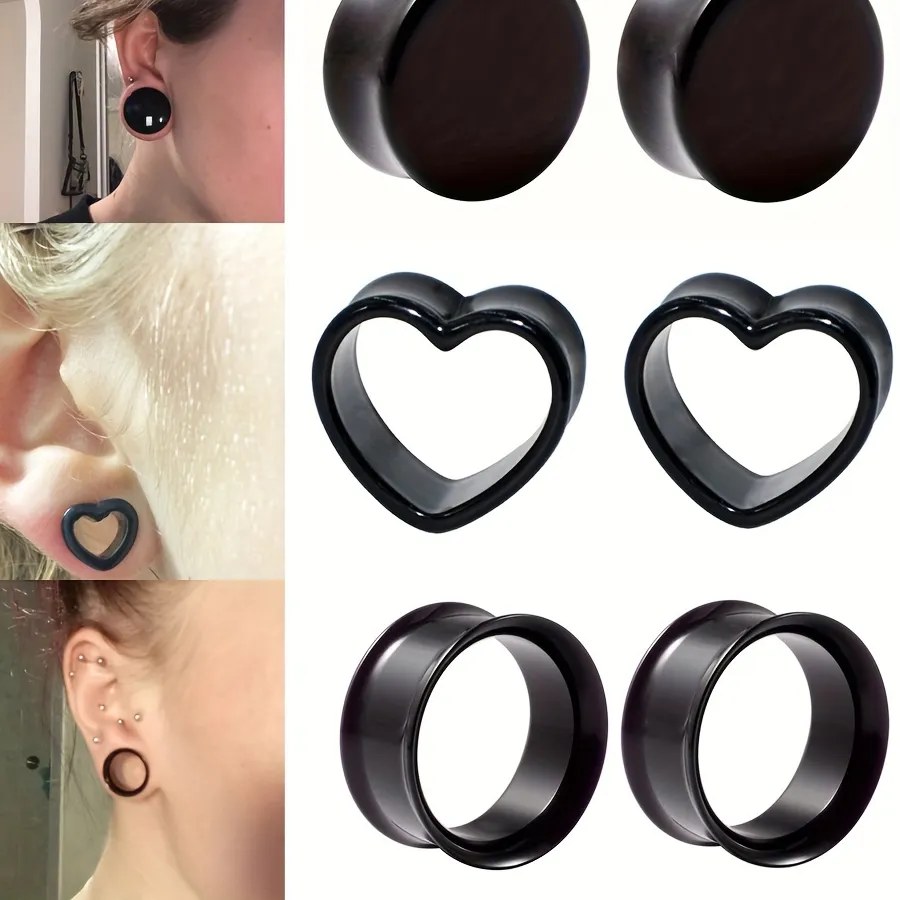 Authentic 2PCS Black Acrylic Round Heart Hollow Ear Tunnel Plug Double Flared Saddle Expander Simply Ear Piercing Jewelry 6-16mm
