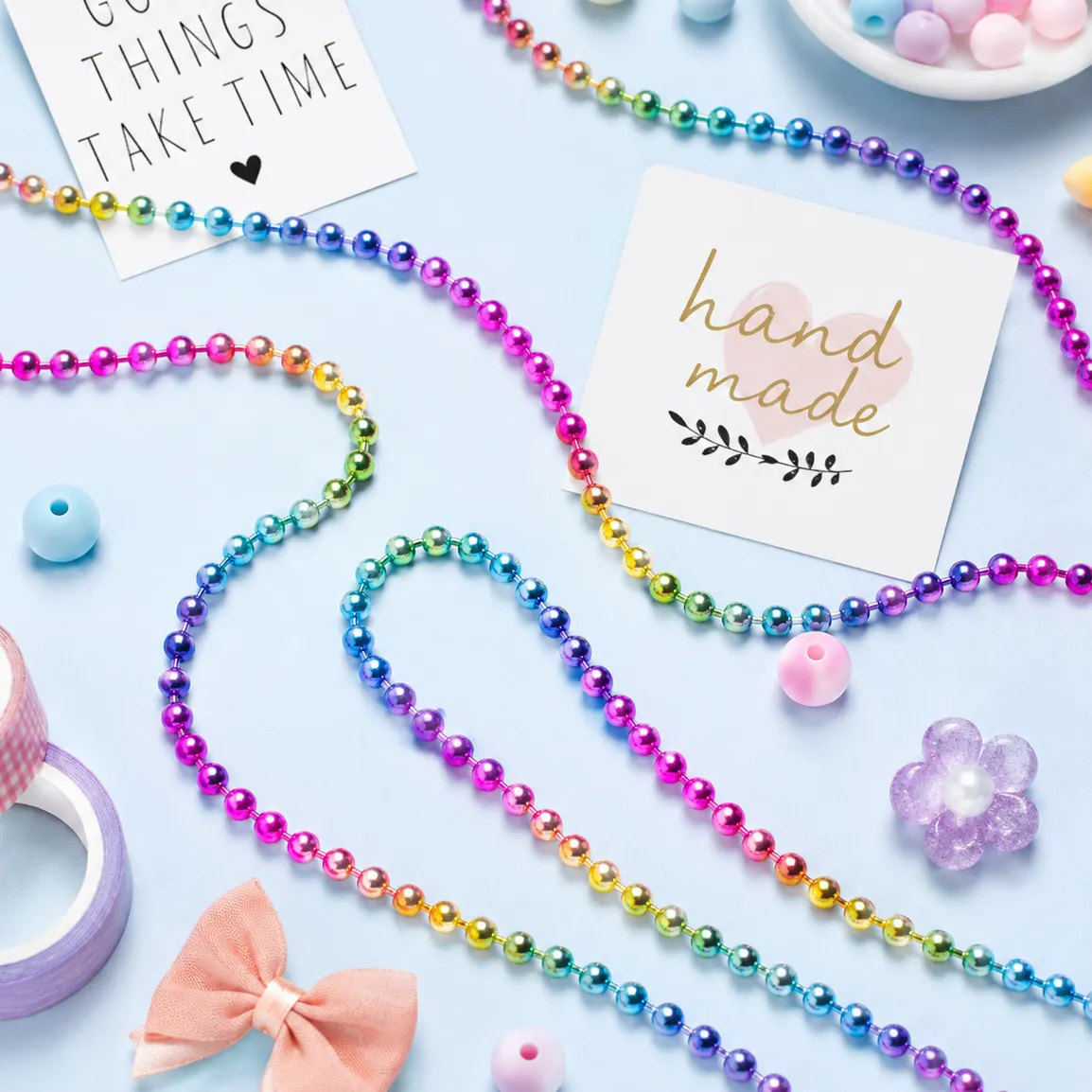 Authentic Rainbow Iridescent Metal Ball Bead Chain 600mm Plated Beaded Chain For DIY Keychain Necklace Jewelry Findings Craft Accessories
