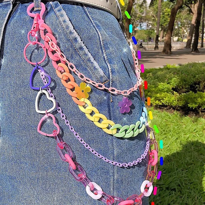 Authentic **Acrylic Layered Pants Jean Chain Heart/Flowers Pendant Rainbow Resin Trousers Chains Wallet Chains Keychains Body Chain