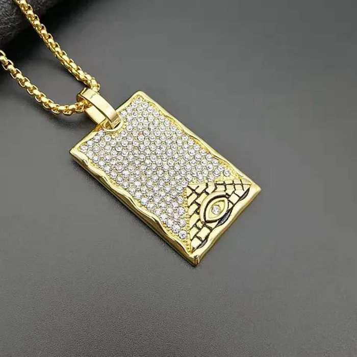 Authentic Hip Hop Rhinestones Paved Bling Iced Out Solid Illuminati Eye Pyramid Pendant Necklace for Men Rapper Jewelry