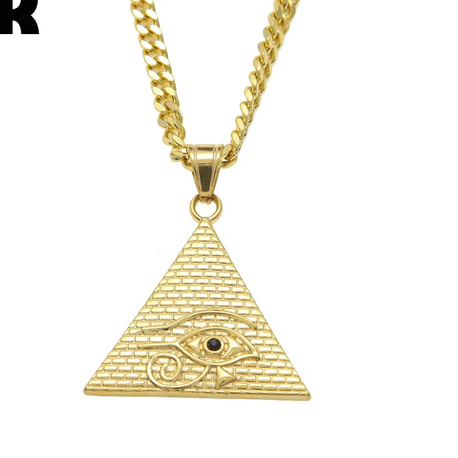 Authentic The All-Seeing Eye of Ra Gold-Plated Pyramid Talisman and Cuban Chain