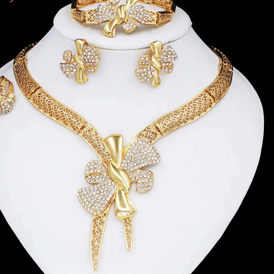 Authentic Italy 18k Gold Plated Women Jewelry Set Classic Design Bowknot Necklace Earring Bracelet And Ring 4PCS Set Jewelry Wedding Party