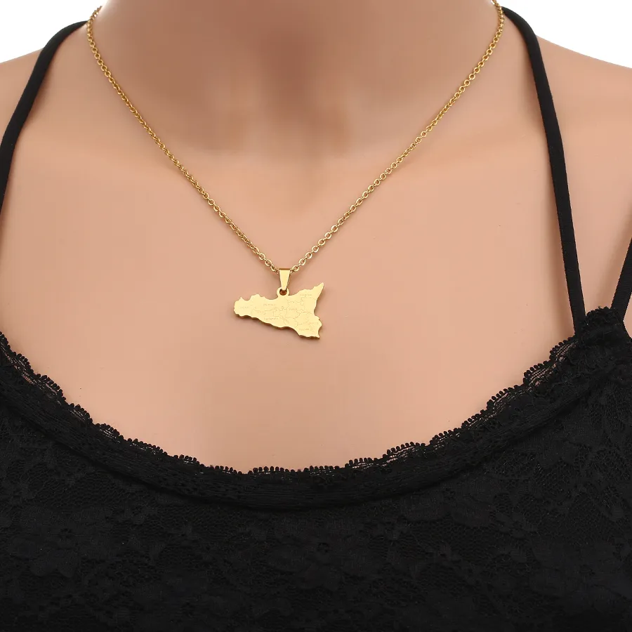 Authentic Italy Sicilia Island Map City Pendant Necklace Men Women Ethnic Map Jewelry Italiana
