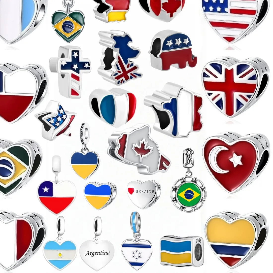 Authentic S925 Silver National Flag Heart Charms USA UK Brazil Italy Flag Beads Pendant Women Travel Birthday Souvenir Jewelry