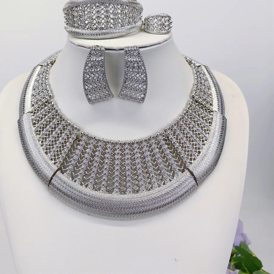 Authentic ESALE Luxury 18K Silver Plated Jewelry Set Italy Dubai Necklace Earrings Bracelet Ring For Women Mother's Day