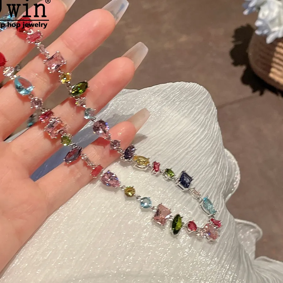 Authentic Uwin Zircon Beads Tennis Chain Necklces Colorful Stones Replicas Jewelry Iced Out Cz Hip Hop Choker For