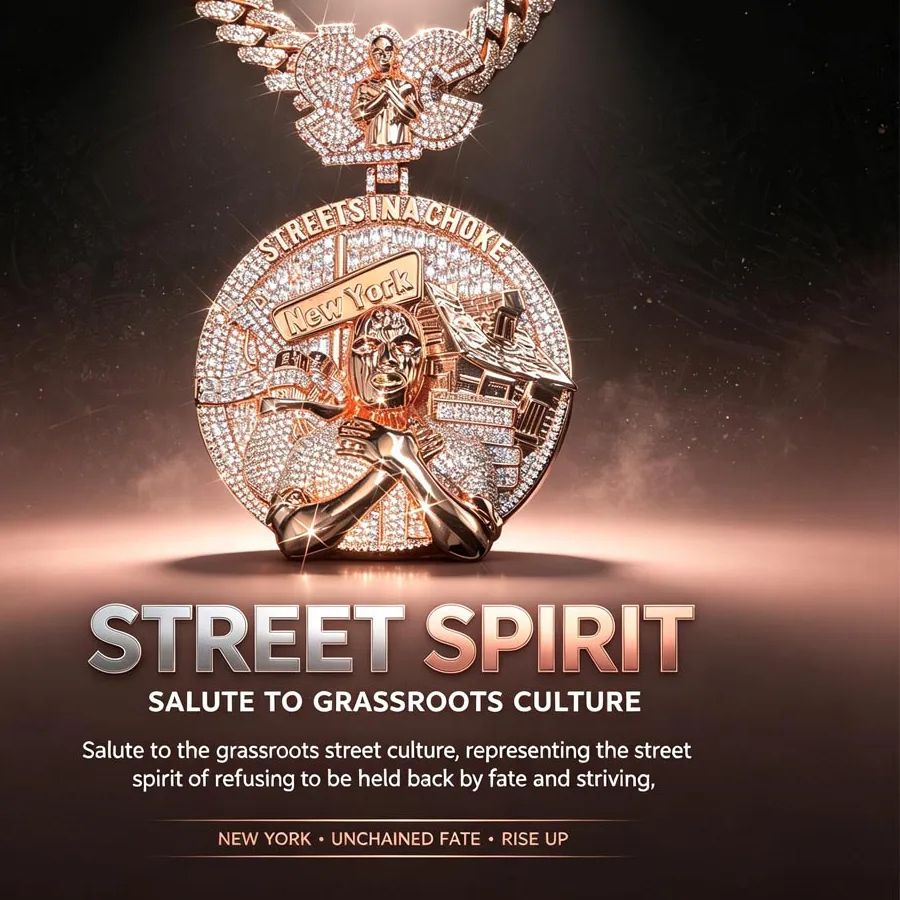 Authentic Hip Hop Pendant Iced Out Round Bling For Thick Miami Cuban Link Chain Necklace Accessories 18K Rose Gold Plated Cubic Zirconia York Street 3D Sculpted Medallion Micro Pave Zircon Urban Rap Streetwear Statement Fine Jewelry