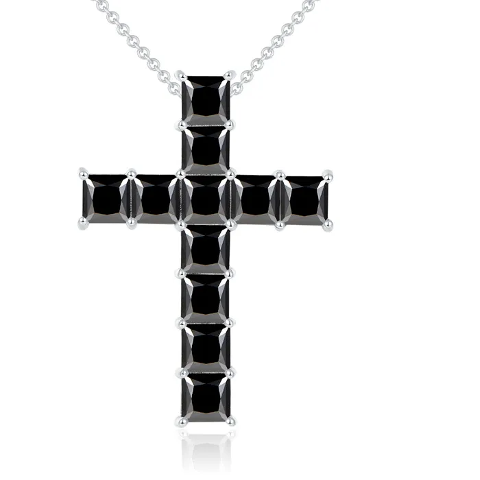 Authentic Hip Hop Cross Necklace With Black 5.5Mm Princess Cut Moissanite, Silver 18K Gold Plated Urban Jewelry