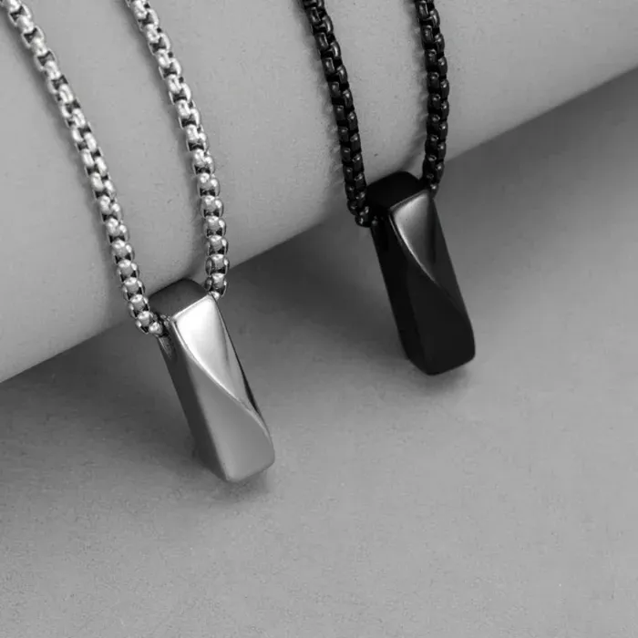 Authentic Modern Silver Black Drop Bar Necklace Men Simple Metal Pendant Box Link Chain Urban Casual Jewelry