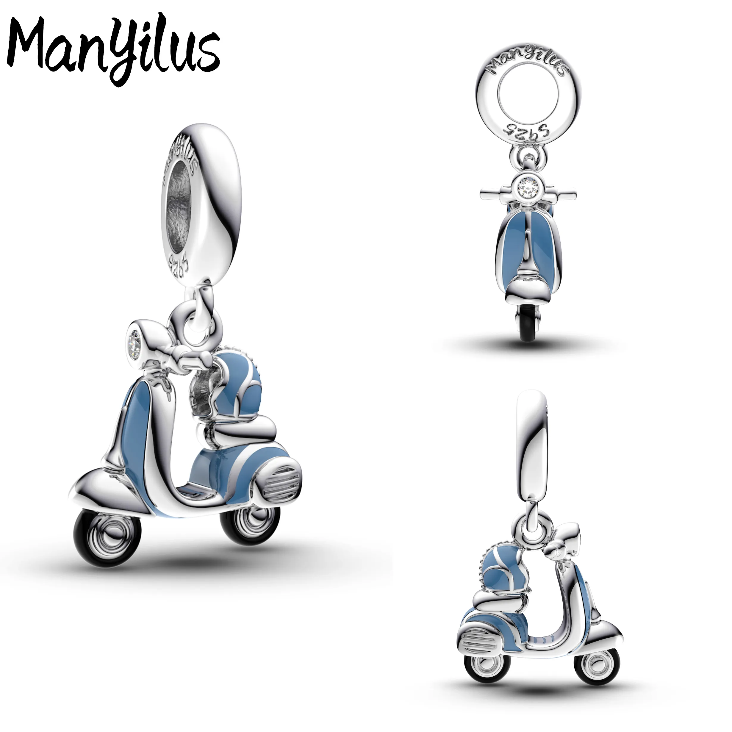 Authentic Manyilus S925 Silver Blue Scooter Charm for Original Bracelet, Urban Travel Jewelry Pendant DIY, Cute Transportation