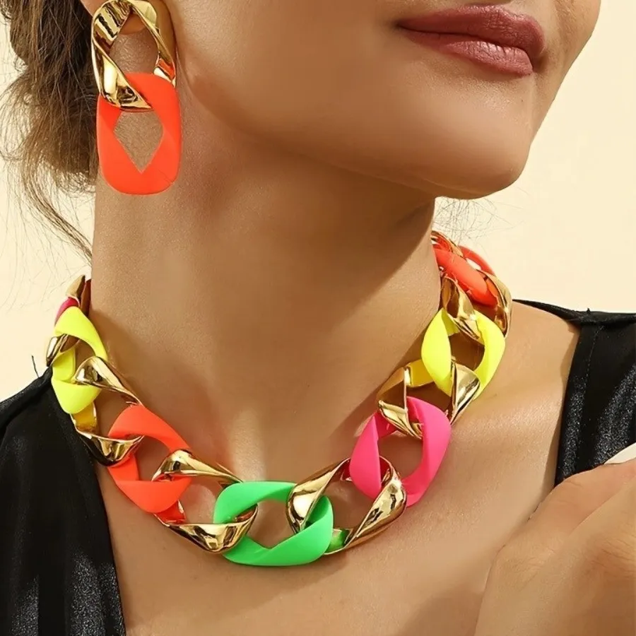 Authentic Y2K Trend Color Blocked Jewelry Set Large Resin Chain Necklace Earrings Hollow-out Exaggerated Jewelry Urban