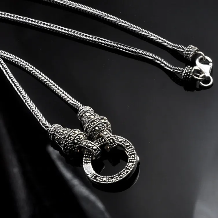 Authentic Real Silver Long Chain Retro Necklace Women S925 Sterling Silver Marcasite Stone Pendant Necklace Thai Silver Necklace Jewelry
