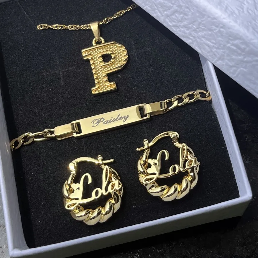 Authentic DUOYING Custom Name Jewelry Set Personalized Mini Baby Girls Hoop Earring Name Bracelet 18K Gold For Child Jewelry