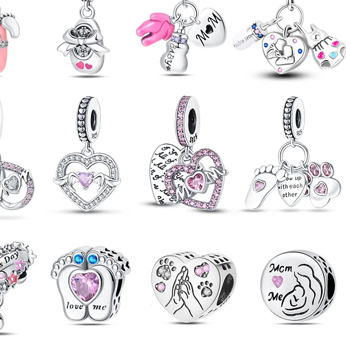 Authentic 925 Silver Mother's Day Baby Shoe Bottle Clothing Pendants Pink Heart- Shaped Charms Beads Fit Pandach Bracelets Diy Jewelry