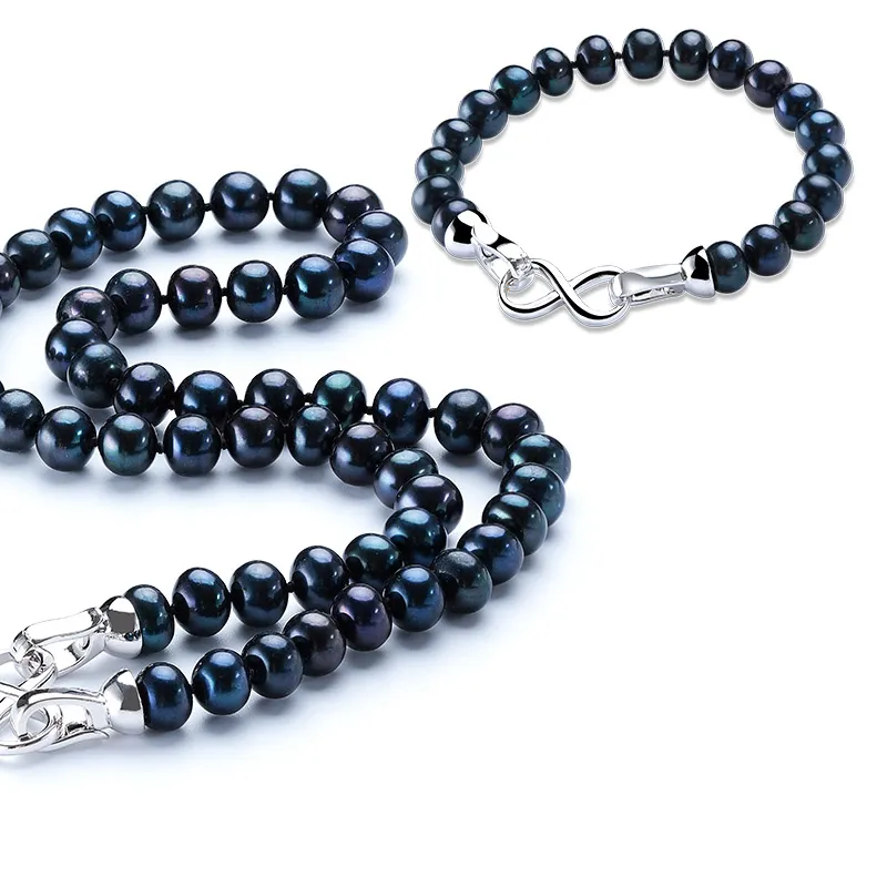Authentic Dainashi Design Trendy Bracelet&Necklace With 925 Silver Number Eight Shape Clasp Jewelry Set,8-9mm Black Freshwater Pearl