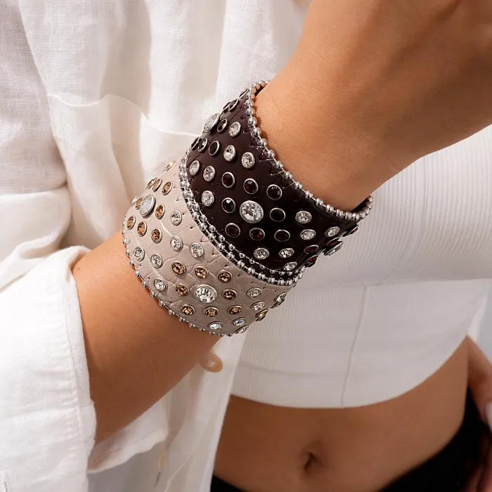 Authentic 2026 Punk Hip Hop Rhinestone Bracelet For Women Retro Western PU Leather Cuff Jewelry Style Birthday Accessory