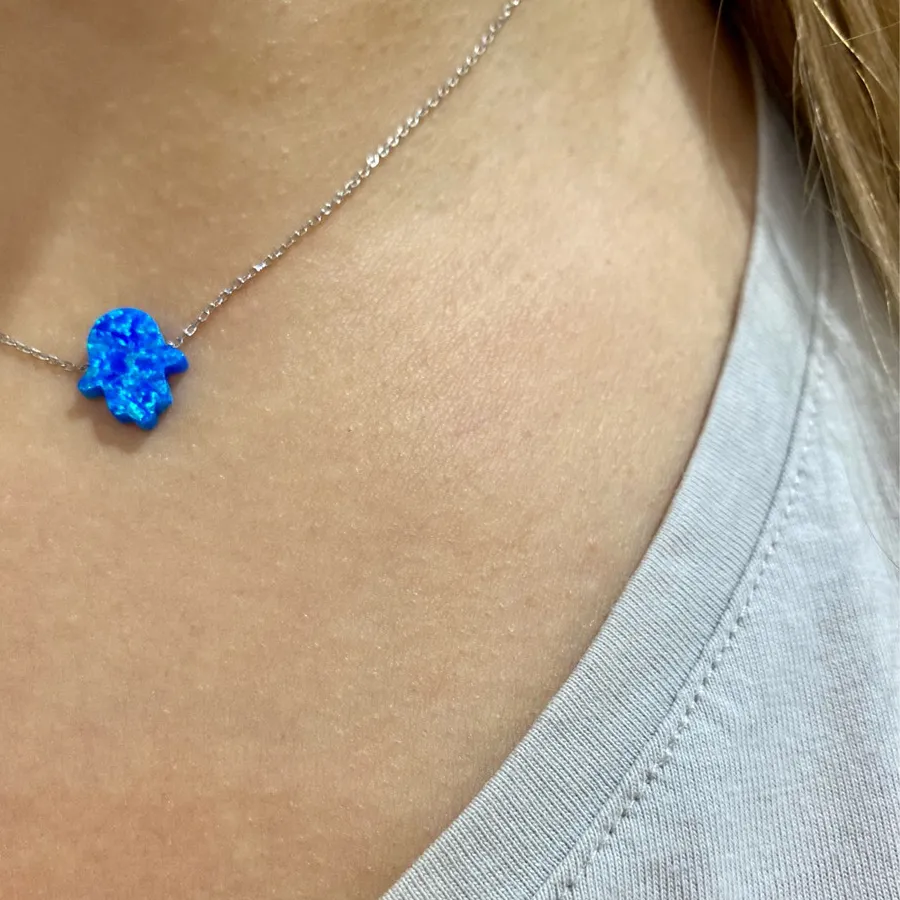 Authentic Multiple Colors Blue Hamsa Hand Opal Stone Pendant Necklace Fatima Hand Chain Choker Gifts Femme Israel Jewelry