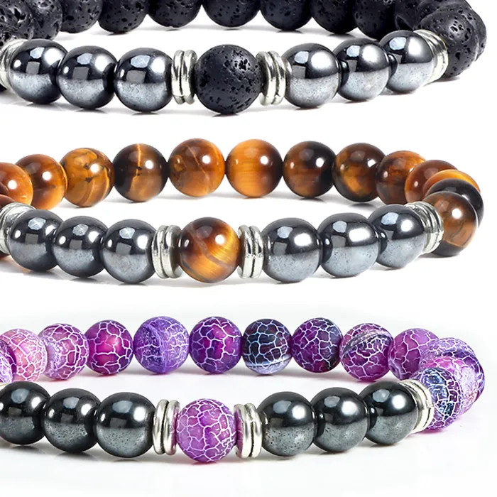 Authentic Charm Black Hematite Men Beads Bracelet Natural Tiger Eye Lava Weathered Stone Elastic Bracelets for Women Healing Yoga Jewelry