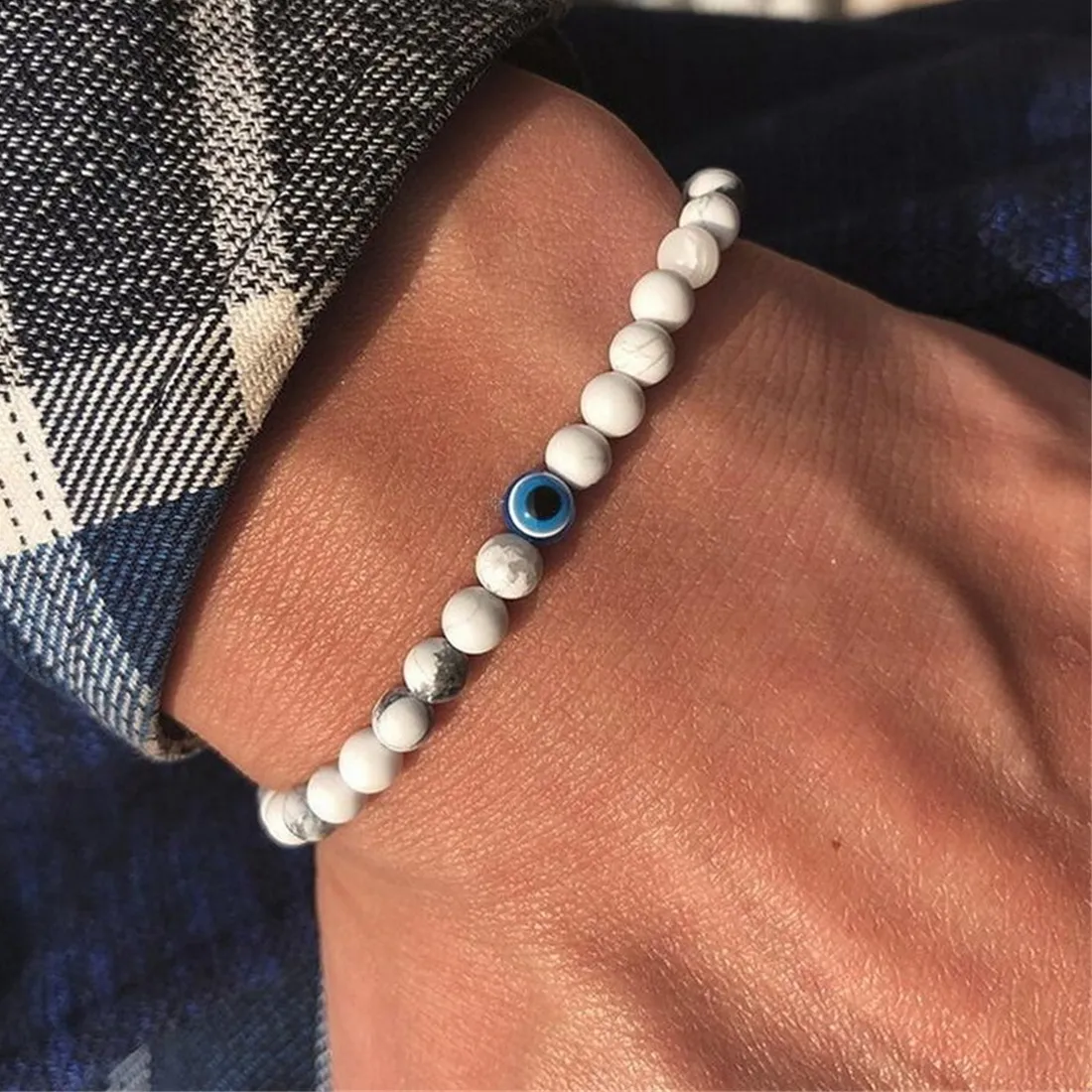 Authentic 6mm Natural Stone Blue Evil Eye Beaded Bracelets For Men Handmade Turkish Amulet Protection Lucky Bracelet Yoga Reiki Jewelry