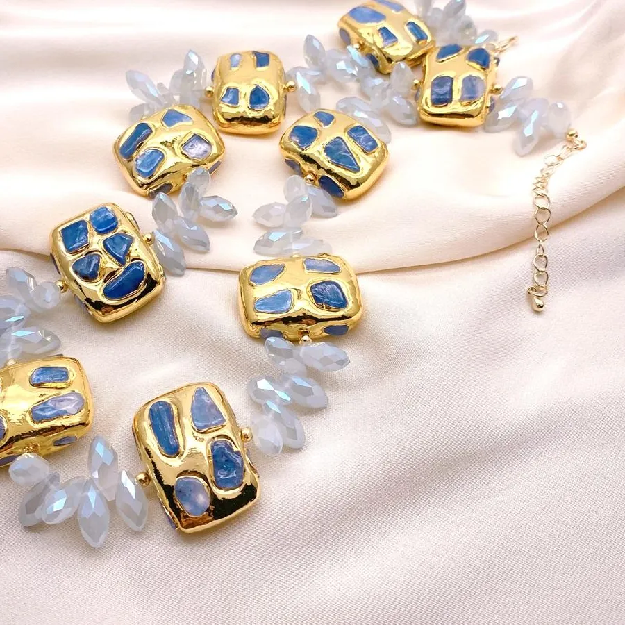 Authentic KKGEM Natural Stones 22x28mm Blue Kyanite Chips Rectangle Beaded Choker Necklace