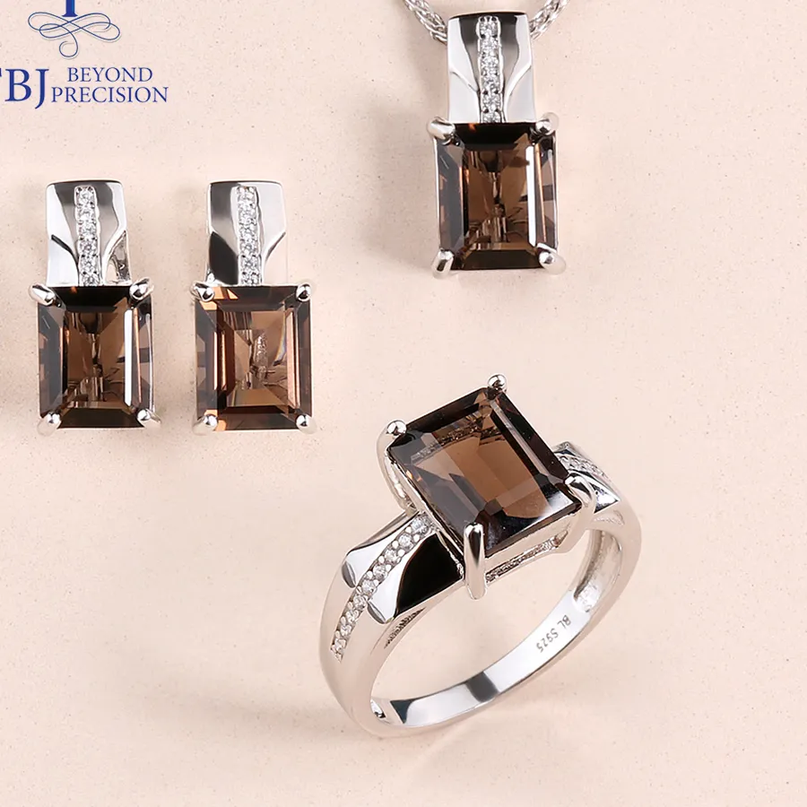 Authentic Ethereal Smoky Quartz Harmony Set - 925 Silver Ring, Earrings & Necklace for Women