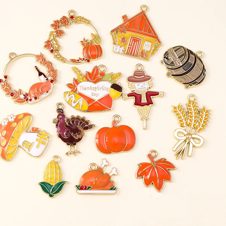 Authentic 10Pcs Enamel Thanksgiving Day Charms Mushroom Wheat Pumpkin Corn Turkey Pendants For Earrings Necklace Diy Jewelry Making