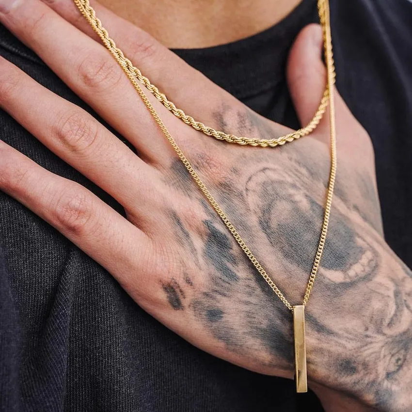 Authentic Vertical Bar Necklaces, Stacking Geometric Pendant With Wheat Rope Cuban Chain, Male Jewelry