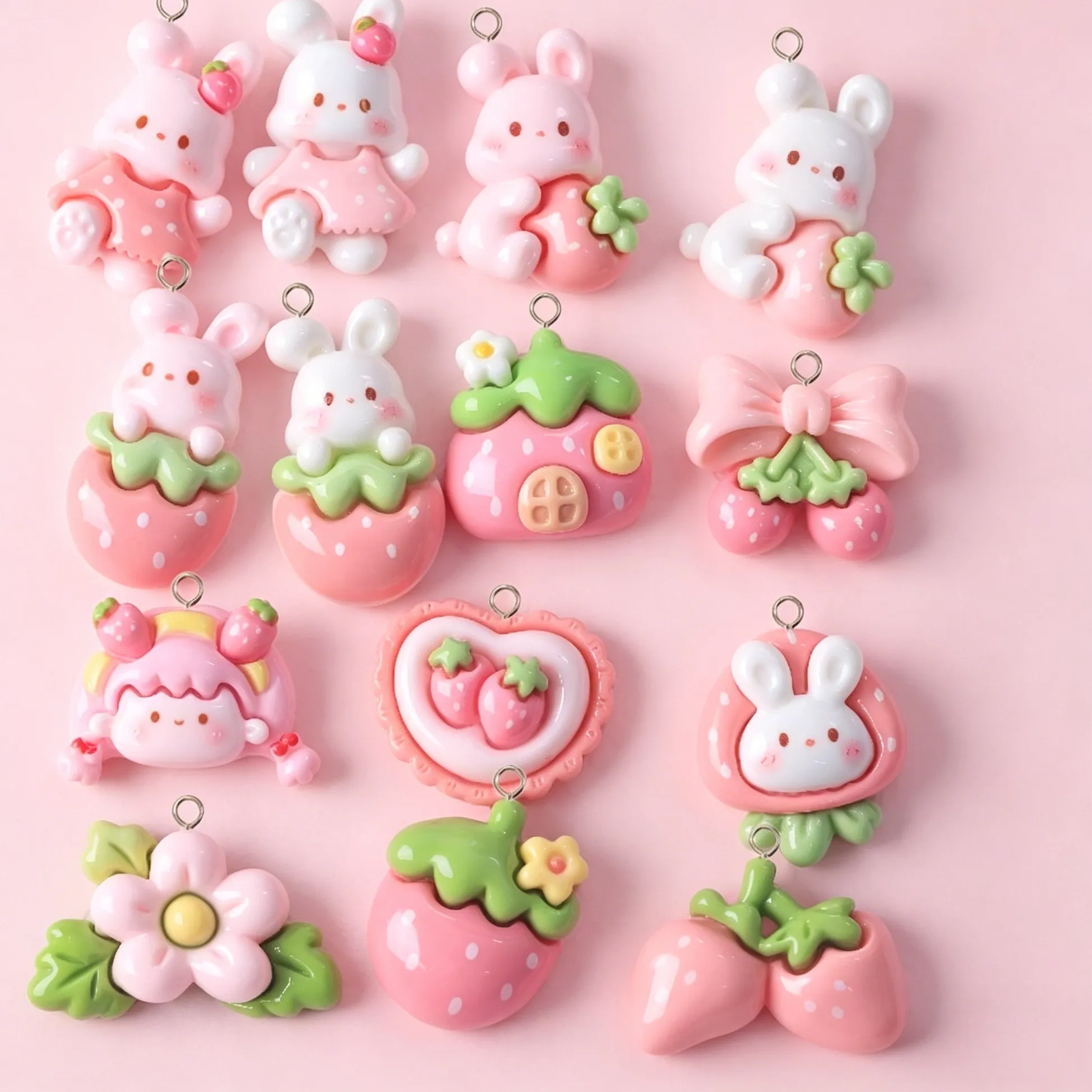 Authentic 10Pcs Strawberry Rabbit Resin Charms, Flatback Pendants For Diy Earring, Bracelet & Keychain Projects