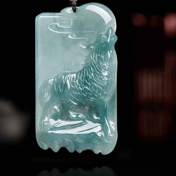 Authentic Natural A-Grade Blue Water Wolf Howling Moon Essence Ice Jade Pendant Jewelry For Women's Charms Men's Gifts Drop Ship