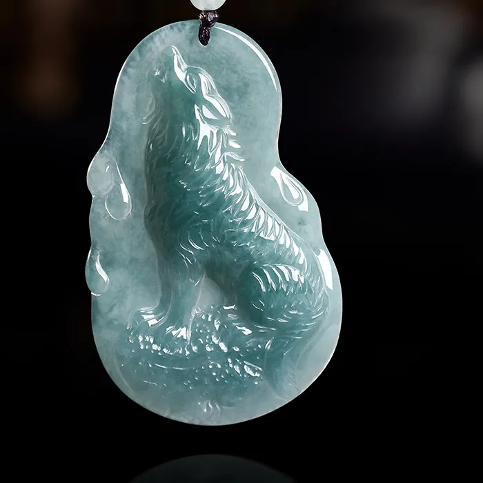 Authentic Natural A-Grade Blue Water Wolf Howling Moon Essence Ice Jade Pendant for Jewelry And Collectibles For Men's Gifts
